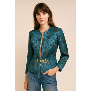 Ursula of Switzerland Blazer Jacket Vintage Petite 8 Blue Brocade Beaded Gala